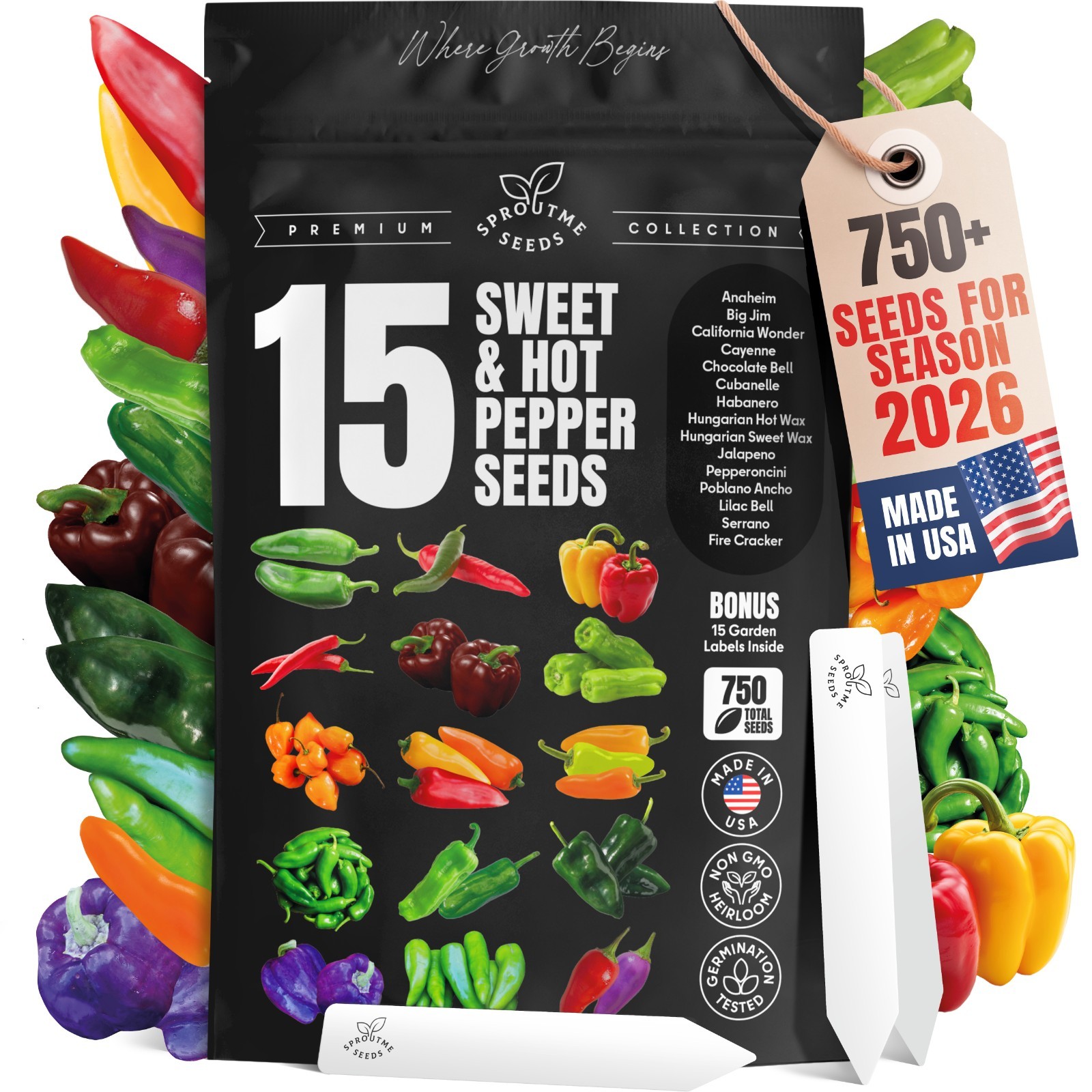 Sweet & Hot Pepper Seeds Variety Pack: 15 Heirloom Non-GMO Varieties