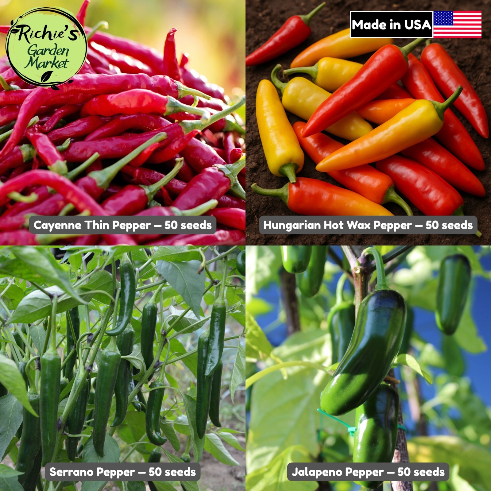 4 Medium Heat Pepper Seeds, Jalapeno, Serrano, Hungarian Hot Wax, Cayenne Thin