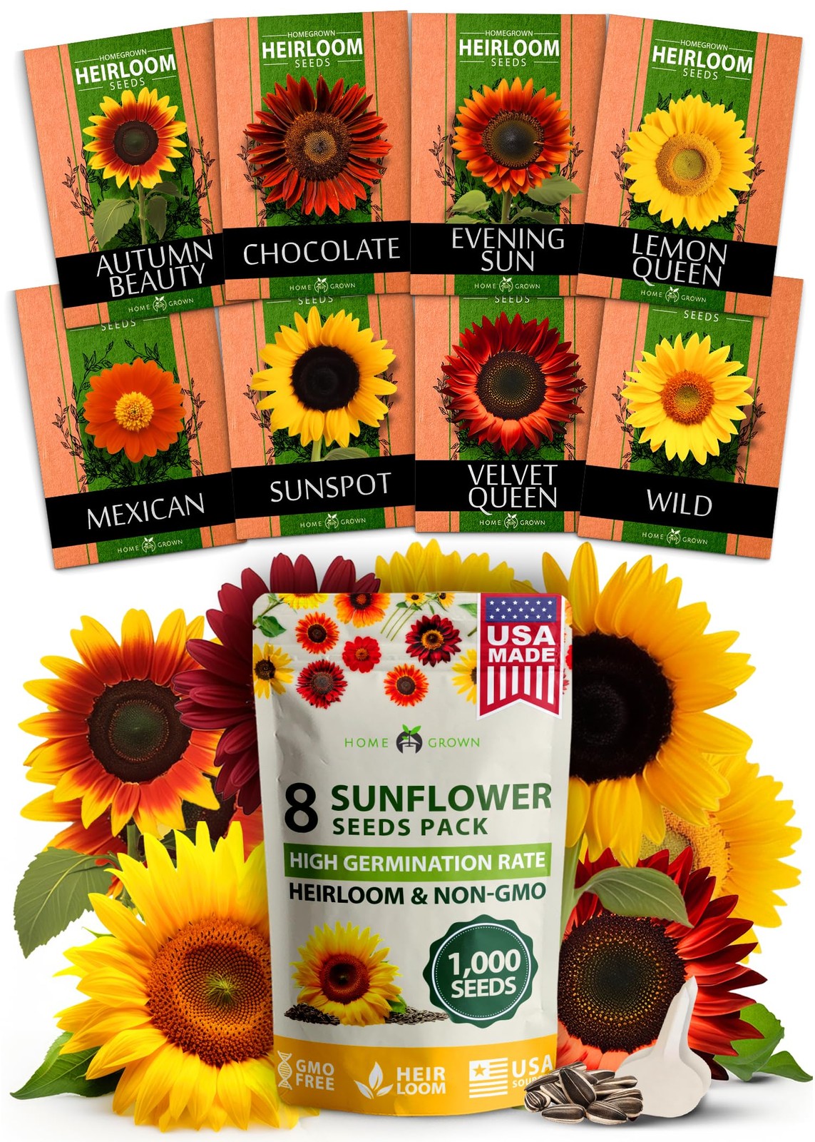 Sunflower Seeds for Planting | 8 Varieties |1000+ Non-GMO Sun Flower Seeds Pa…