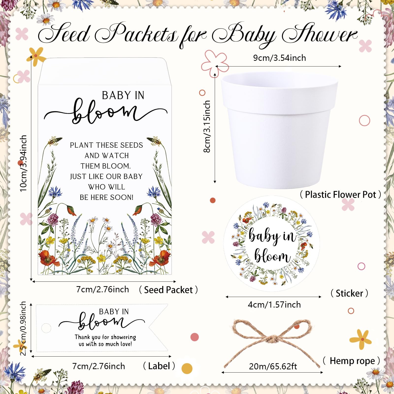 25 Sets Baby Shower Seeds Favors for Guests Mini Plastic Pots Kraft Wildflowe…