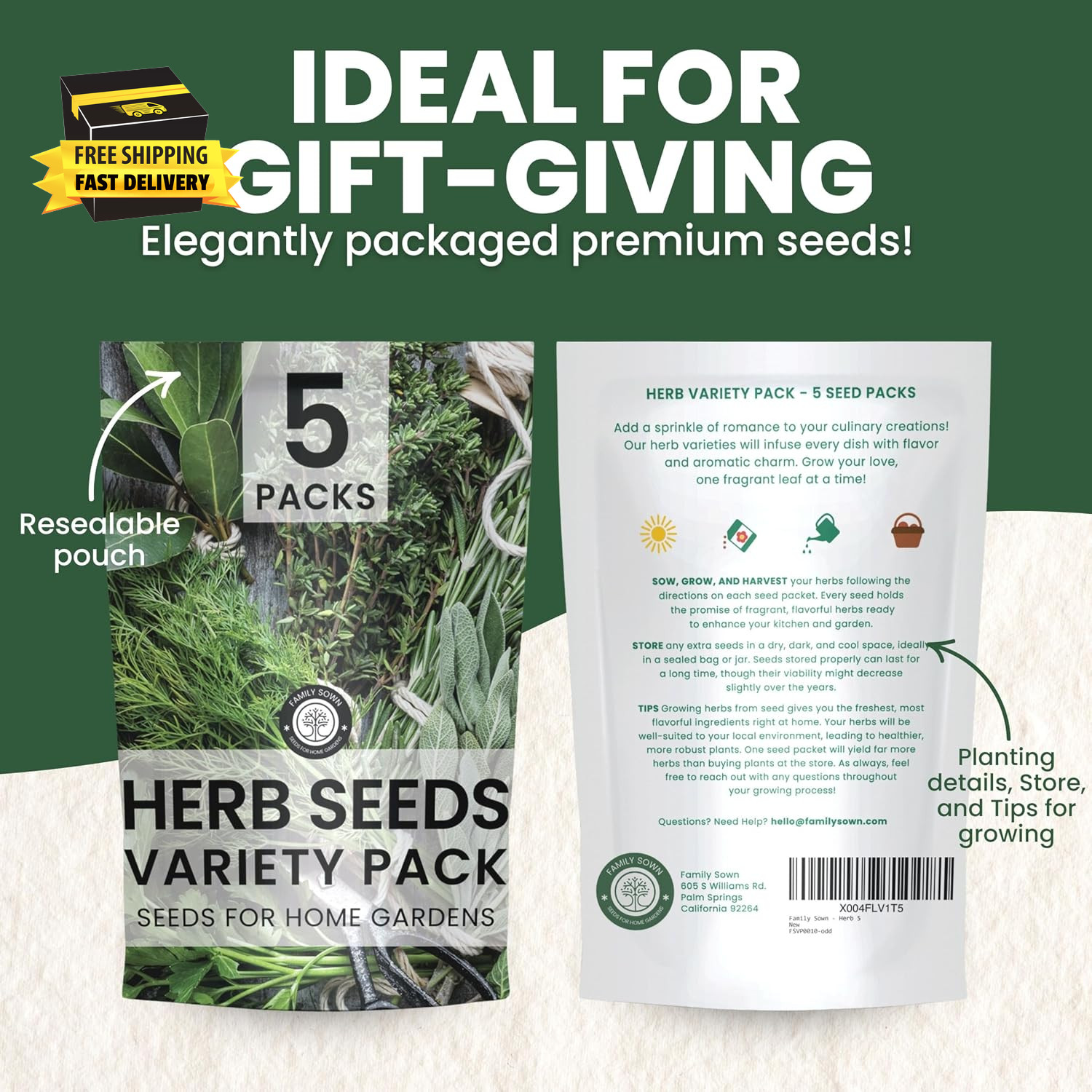 Herb Seeds | 5 Invidiual Packs | 2026 Season | Non-Gmo | Basil, Dill, Spearmint,