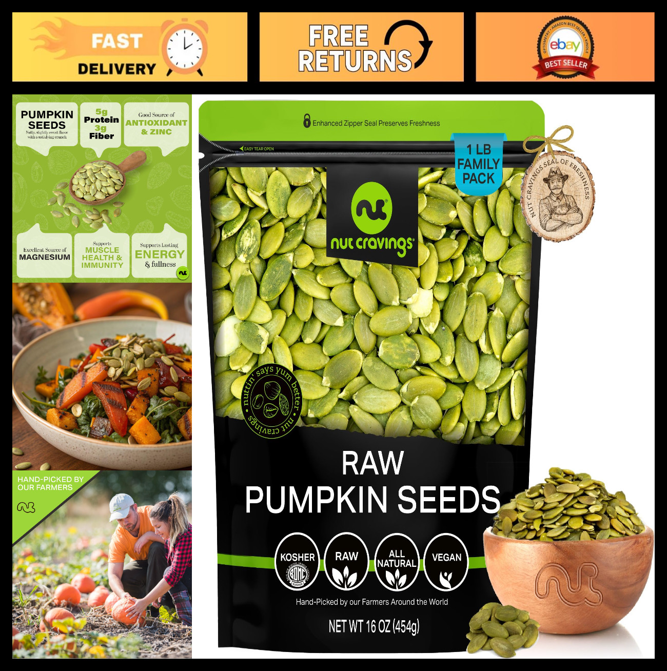 Raw Pumpkin Seeds Pepitas – Unsalted Shelled 16oz Resealable Bag – Healthy Snack