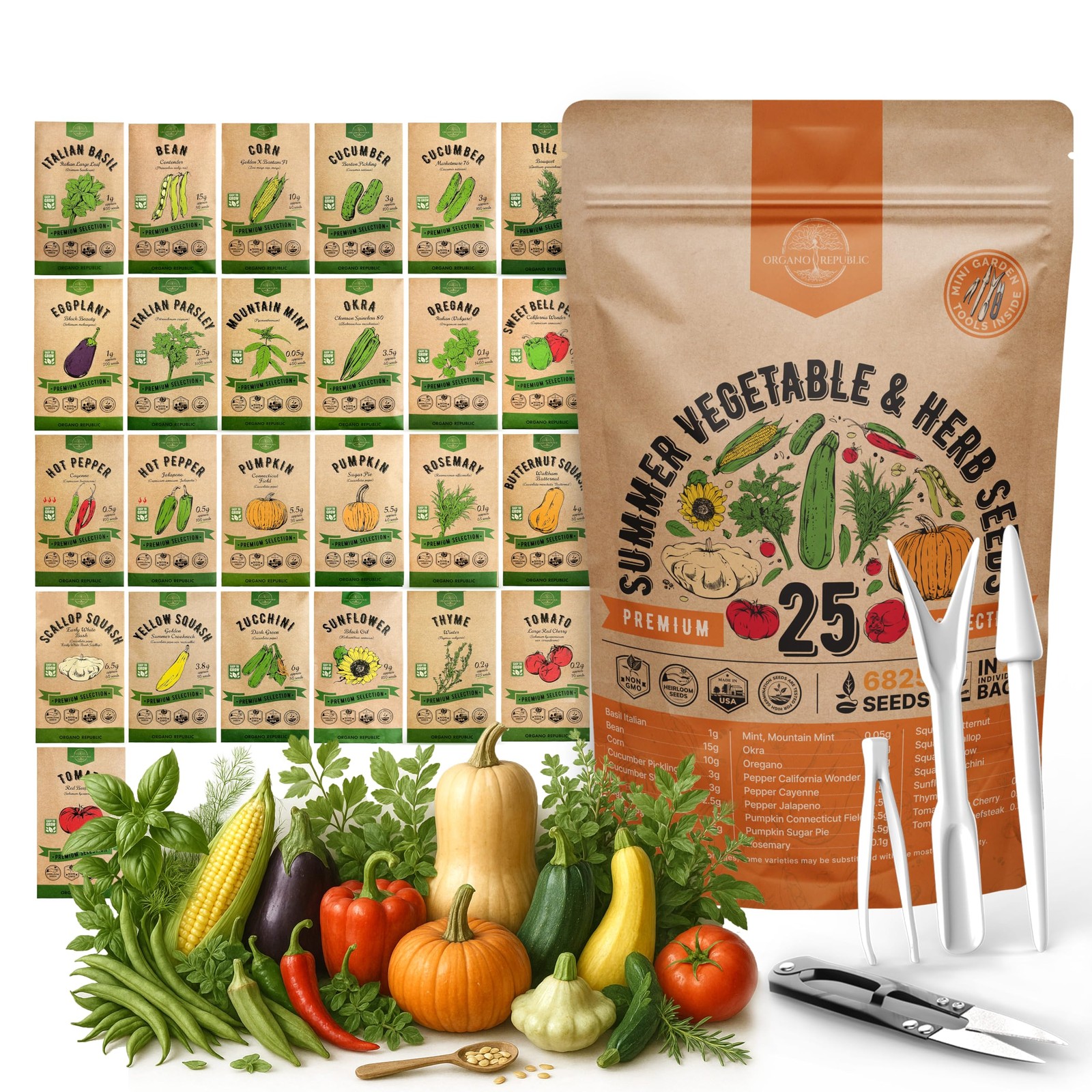25 Summer Vegetable & Herb Garden Seeds Variety Pack – 6,820+ Non-GMO Heirloo…