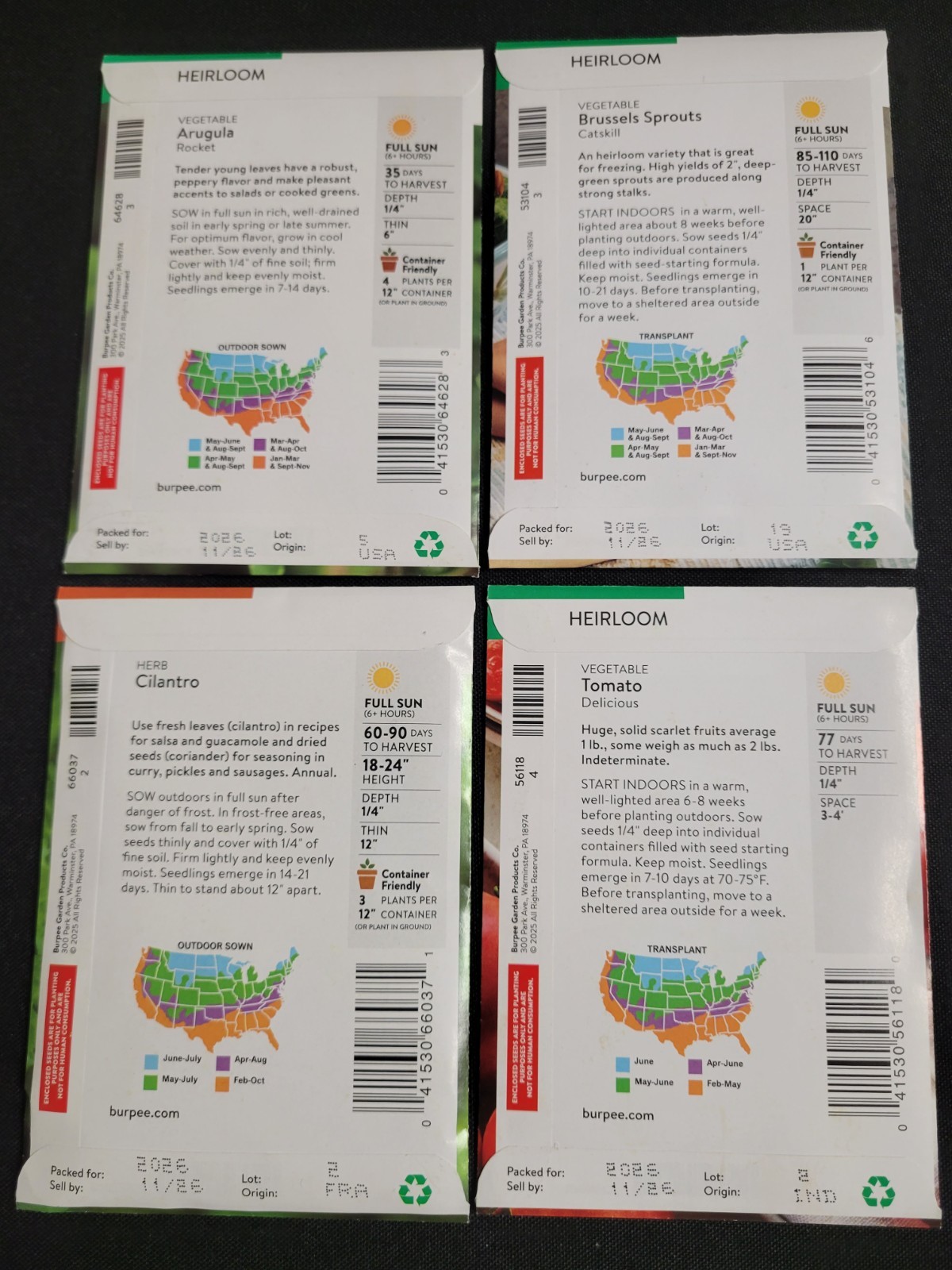 Burpee Heirloom Vegetables and Herb 4 Seed Pack Assortment (2026 Season) New