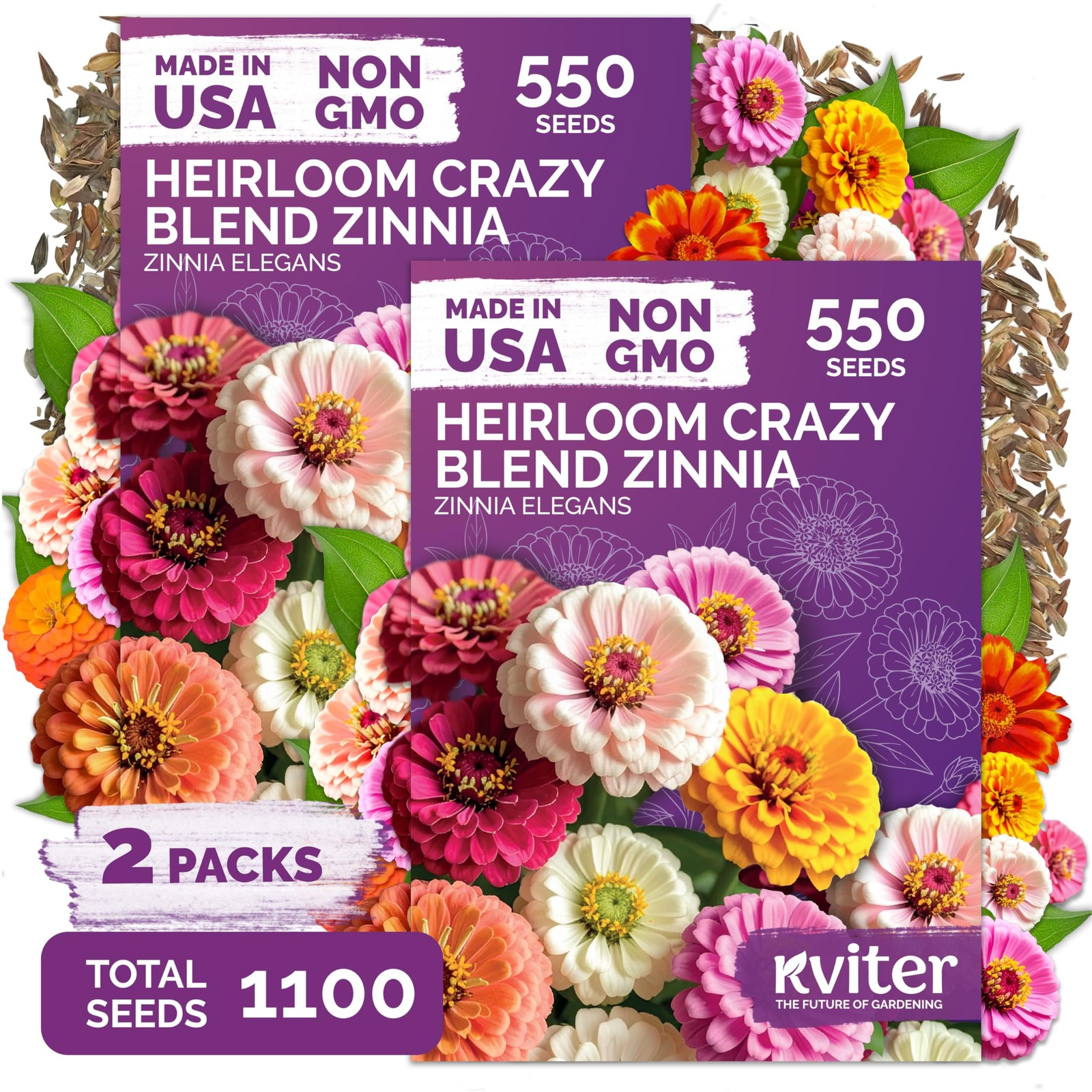 KVITER 1,100 Crazy Blend Zinnia Seeds (Zinnia Elegans), 2 Pack