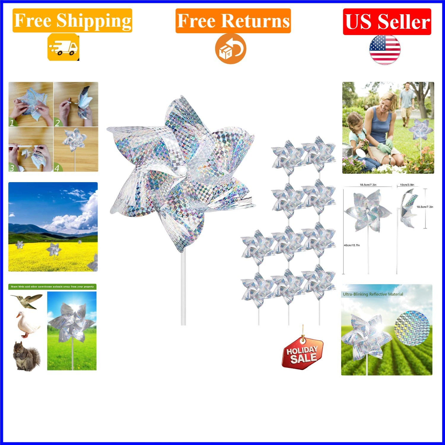 Reflective Garden Pinwheels 10-Pack, Silver/Gold, 7.31×15.7 inches, Bird Repe…
