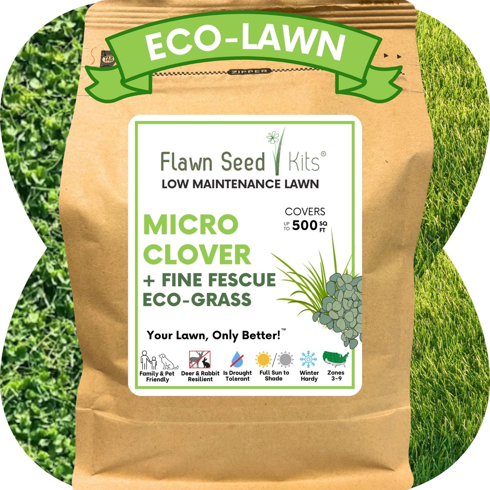 Flawn Seed Kits Micro Clover Seed + Mow Less Fine Fescue Grass