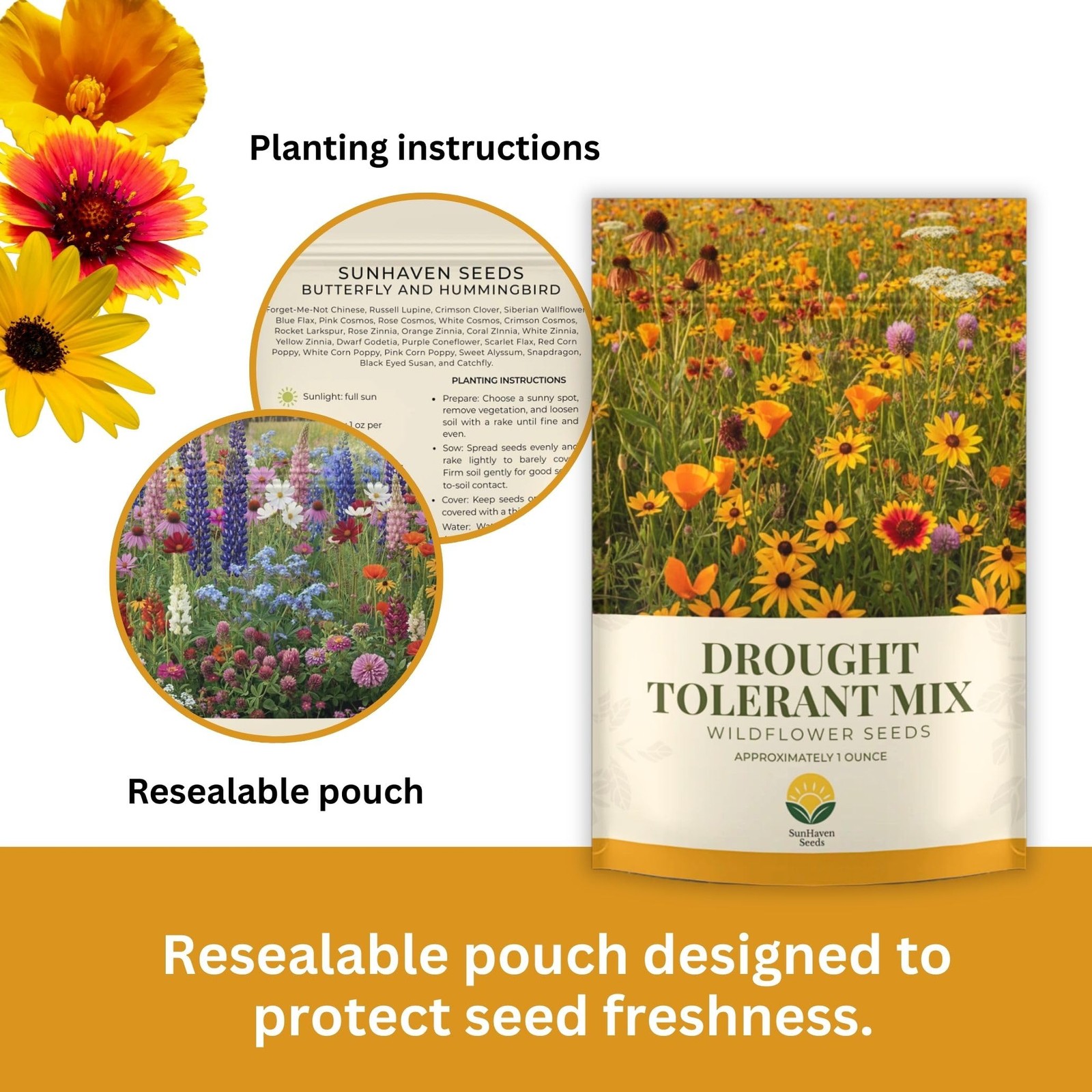 Drought Tolerant Wildflower Mix – 20,000+ NonGMO Seeds for Dry Climates