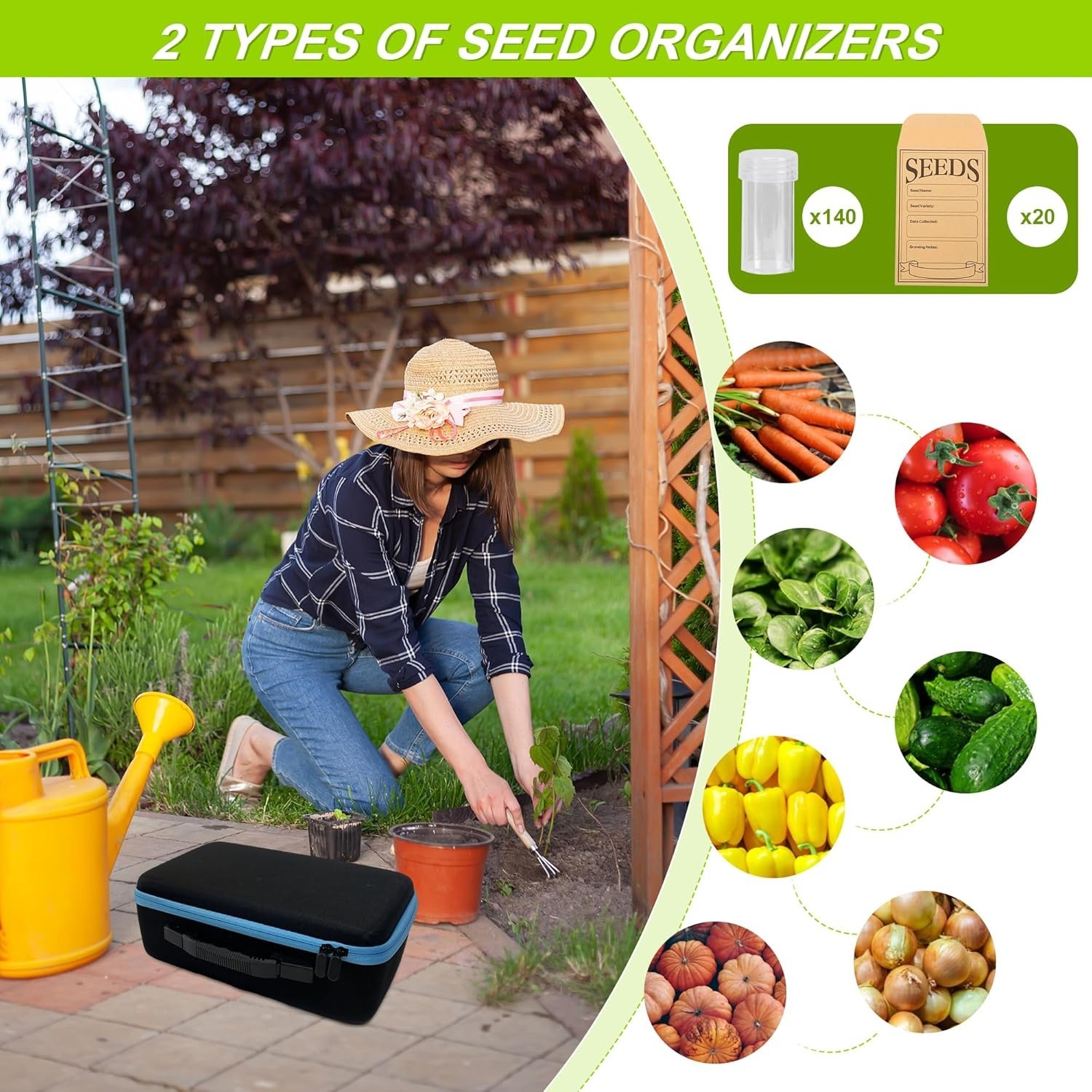 Seed Storage Organizer Box with 140 Slots and Envelopes for Vegetable and Flower