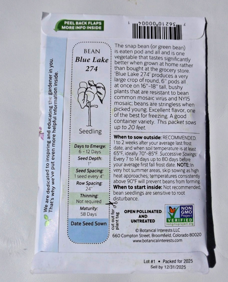 Lot #4. 12 packs Botanical Interests seeds, Blue Lake Bean , Carrots, Snap Peas