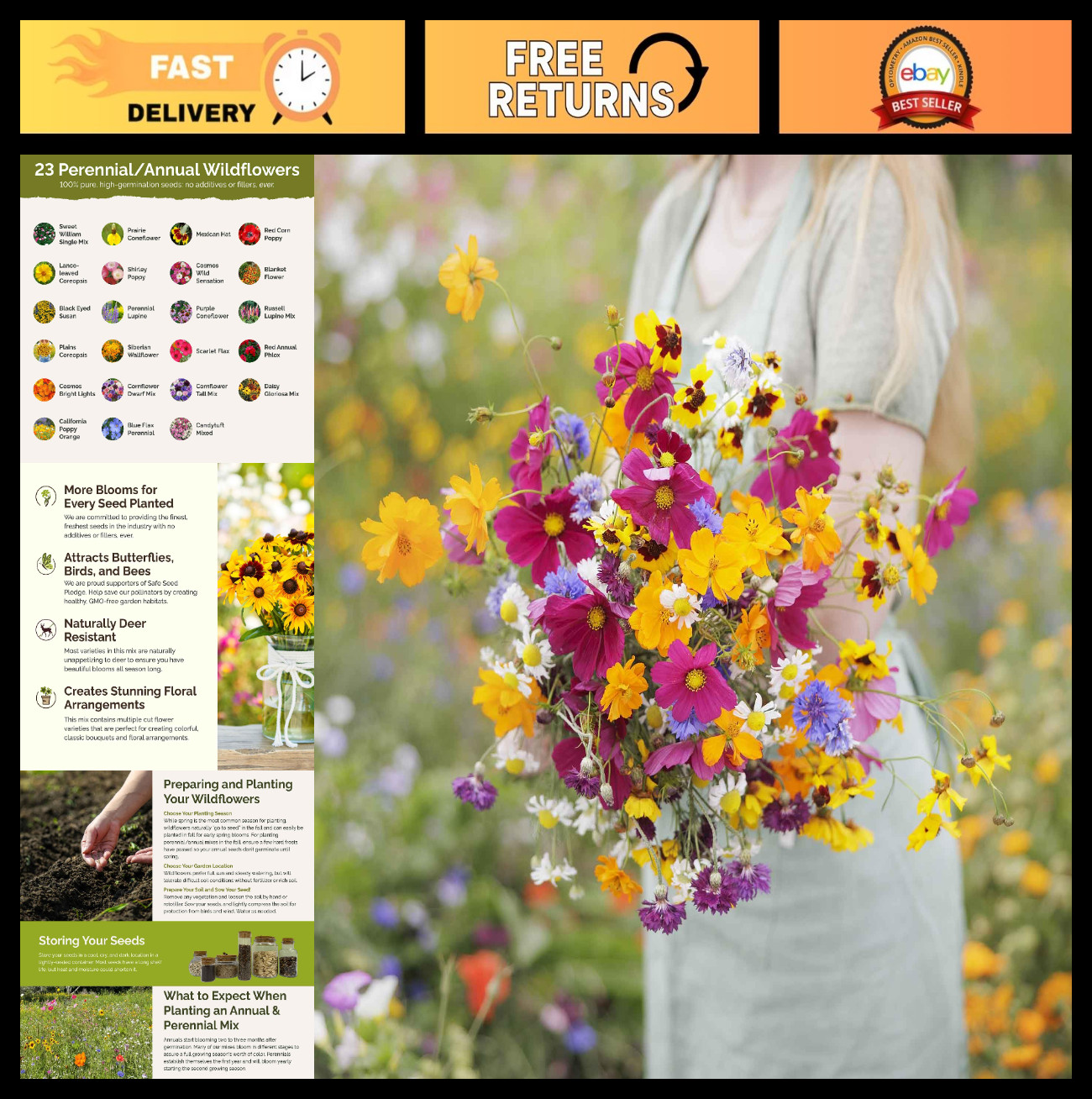 Midwest Wildflower Seed Mix – 1/4 lb, 120K+ Seeds, Attracts Pollinators, Plant S