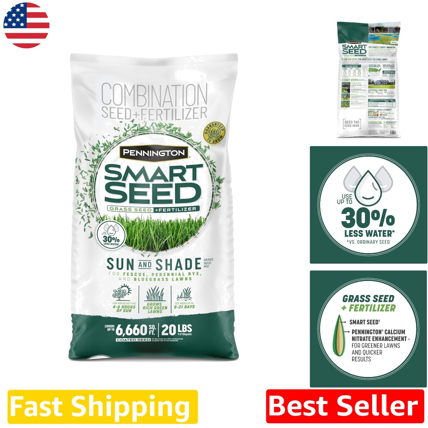 Smart Seed Sun & Shade Grass Mix 20lb, Low Water Use, Disease Resistant