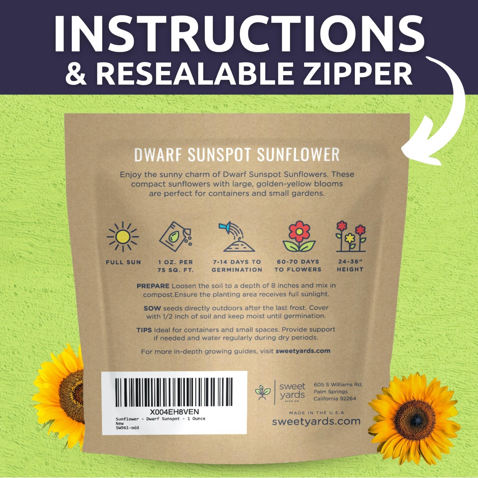 Dwarf Sunspot Sunflower Seeds – 500 Count, 1oz Packet for Easy Planting