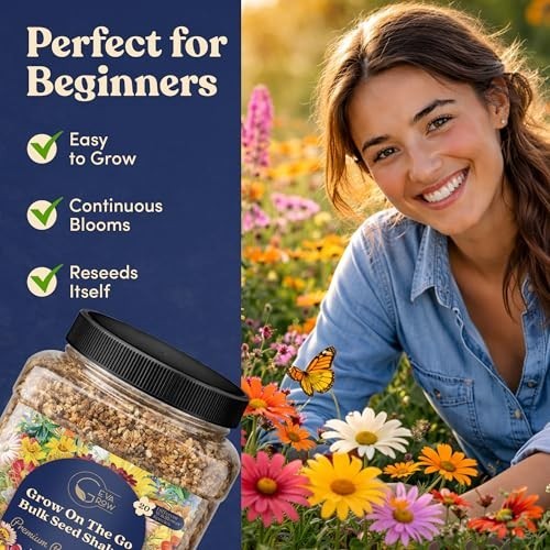 Bulk Wildflower Seed Shaker – 900,000+ Perennial Flower Seeds Mix, 1 lb Tub, Pla