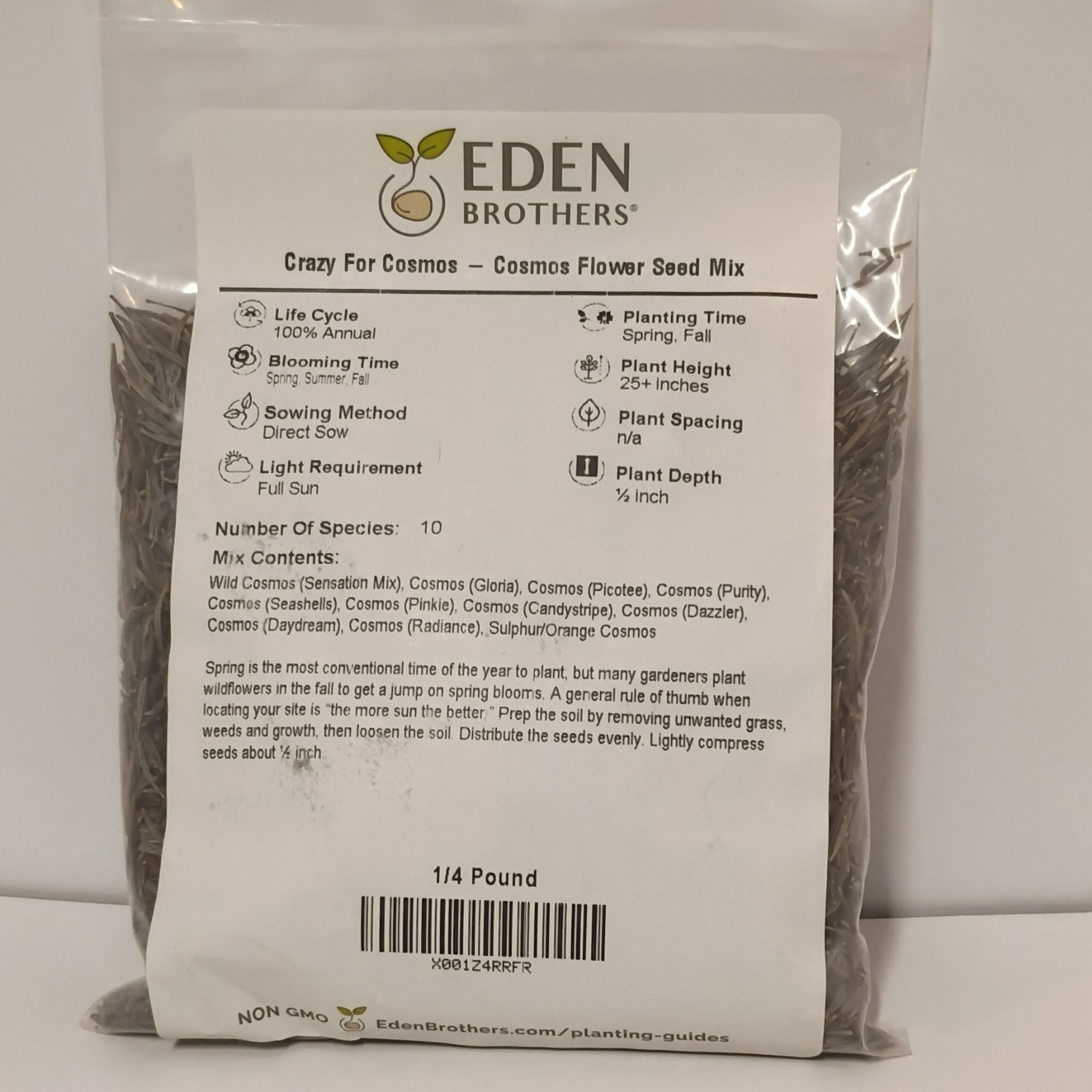 Eden Brothers Non-GMO Fast Growing Cosmos Flower Seed Mix 1/4 Pound