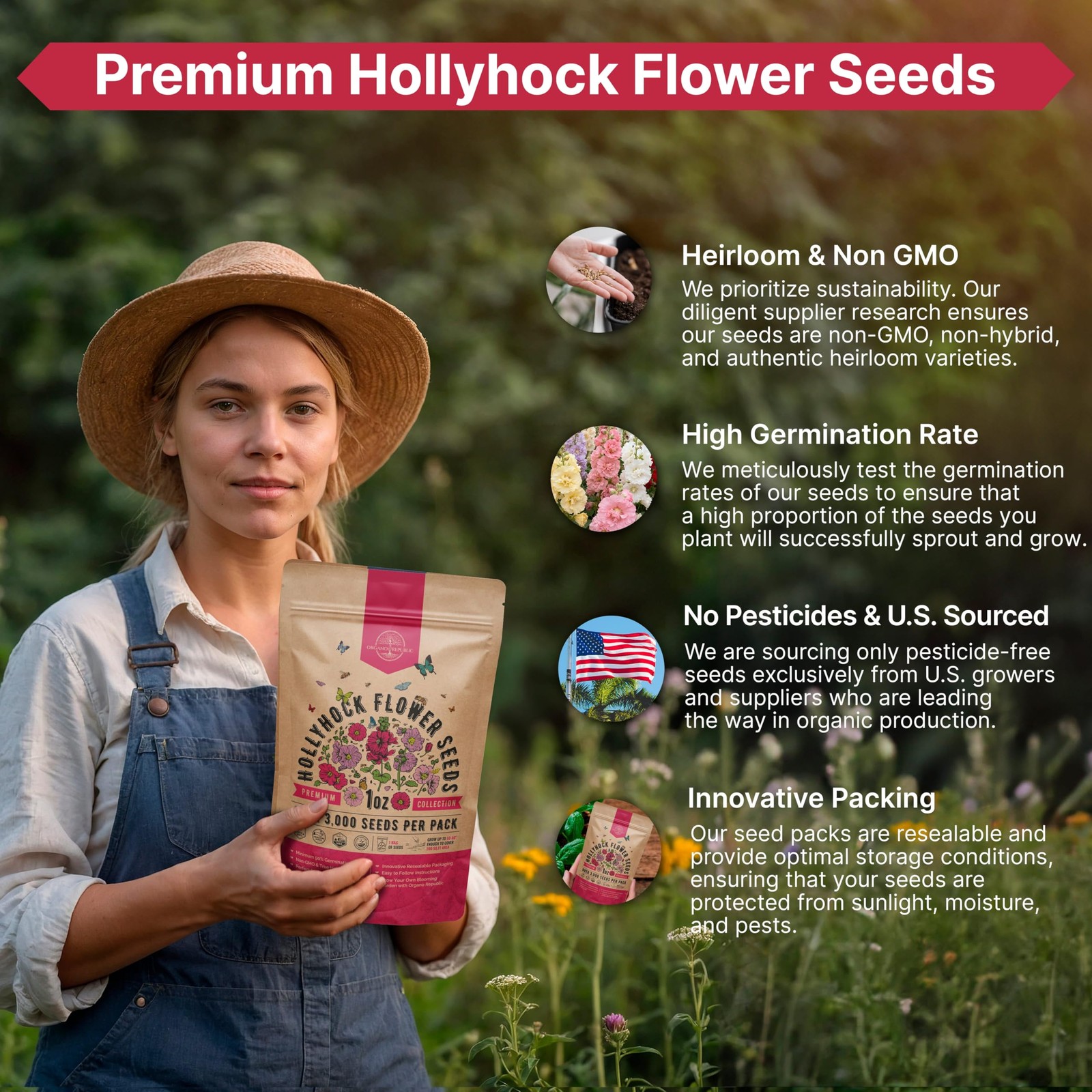Hollyhock Flower Seeds Pack 1 oz – Over 3,000 1oz, Pink, Orange, Red, Green