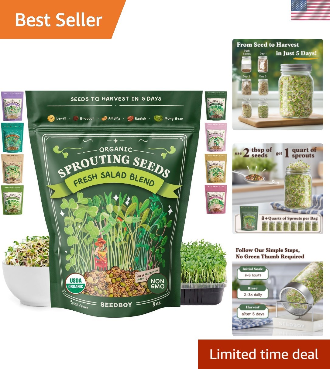 Organic Non-GMO Sprouting Seeds, Fresh Salad Blend – Grown Microgreens Mix w…