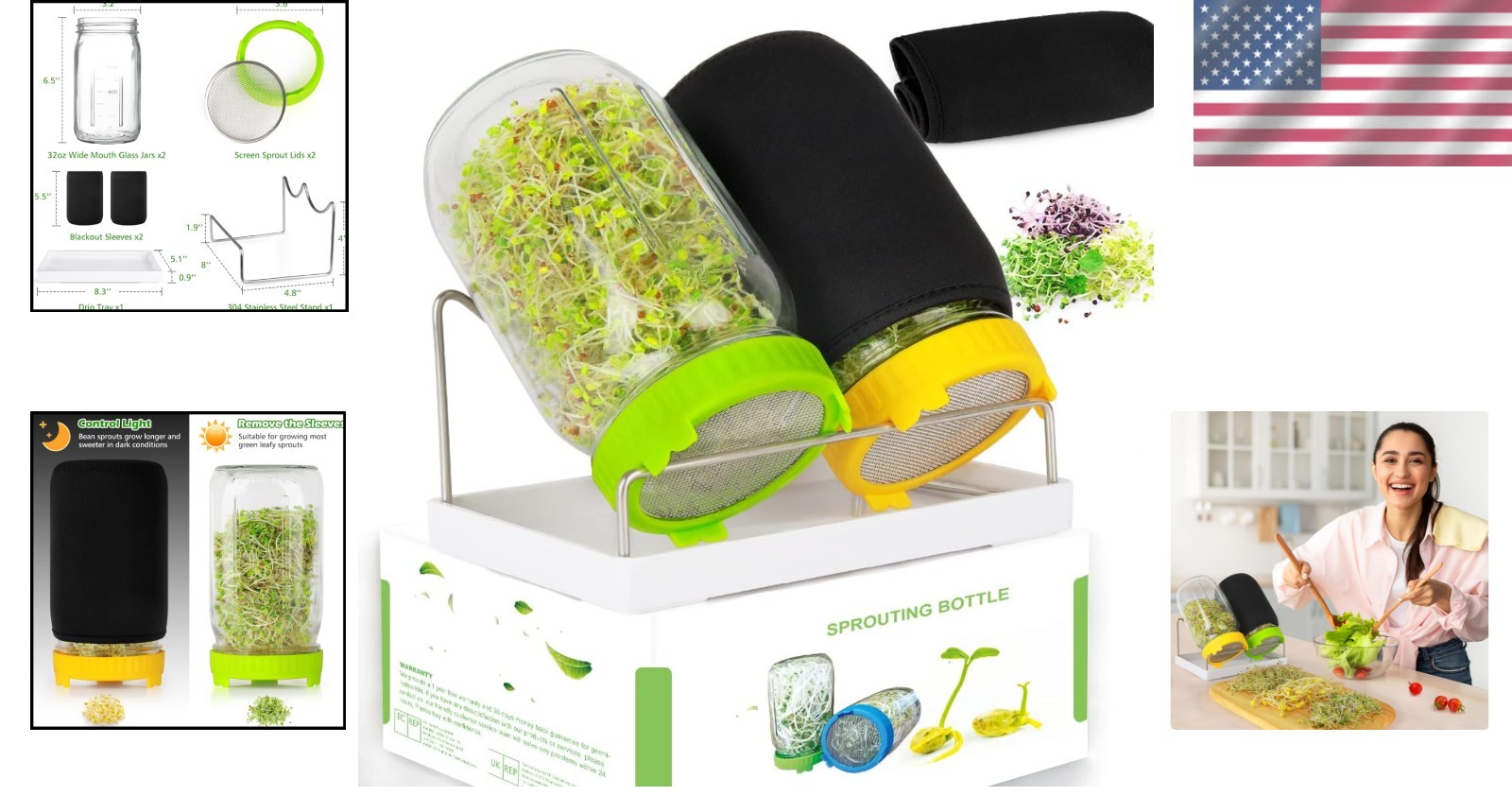User-Friendly Sprouting Kit: 2 Wide Mouth Jars, Drainage Tray & Blackout Sleeves