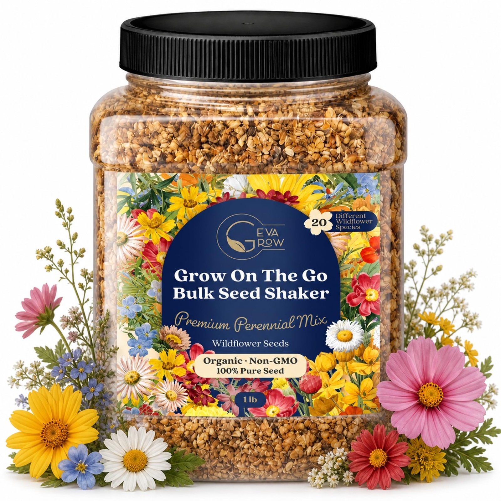 Bulk Wildflower Seed Shaker – 900,000+ Perennial Flower Seeds Mix, 1 lb Tub, Pla