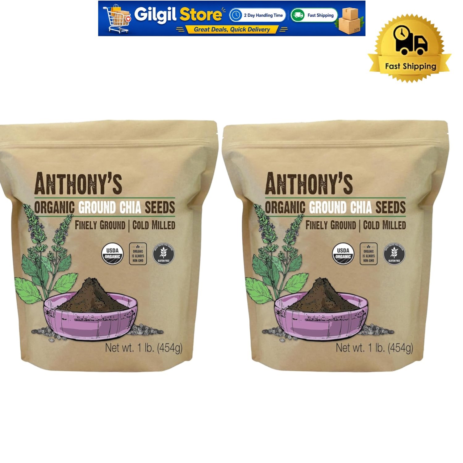 2-Pack Organic Ground Chia Seeds, Perfect for Smoothies and Baking – 32oz