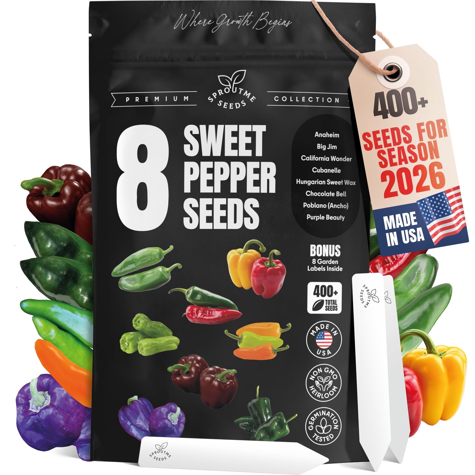 SproutMe Sweet & Mild Bell Pepper Seeds Variety Pack for Planting – 8 Varieti…
