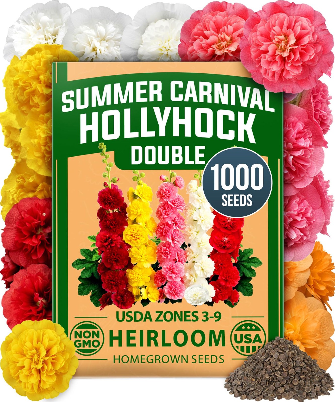 HOME GROWN Hollyhock Summer Carnival Mix Flower Seeds – Alcea 1-Pack, Multi