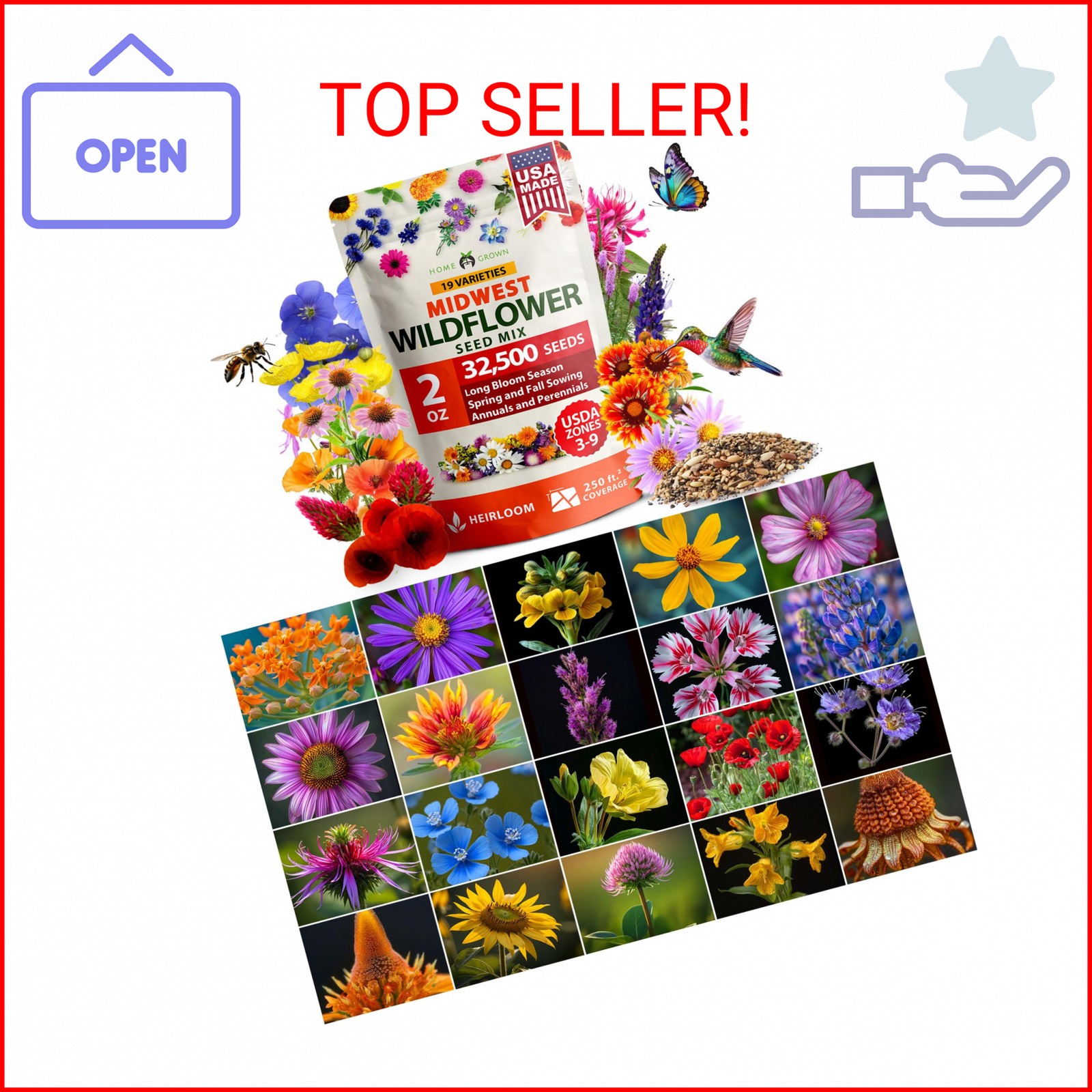 HOME GROWN 32,500+ Midwest Wildflower Seeds 2oz 15 Varieties – Annual & Perennia