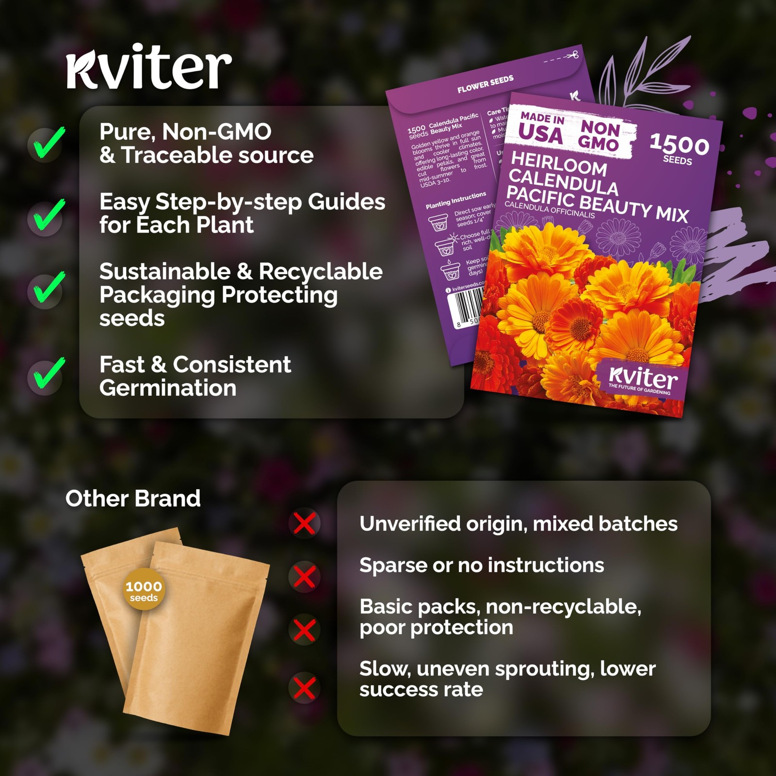 KVITER 150 Mix Pacific Beauty Calendula Seeds (Calendula Officinalis)