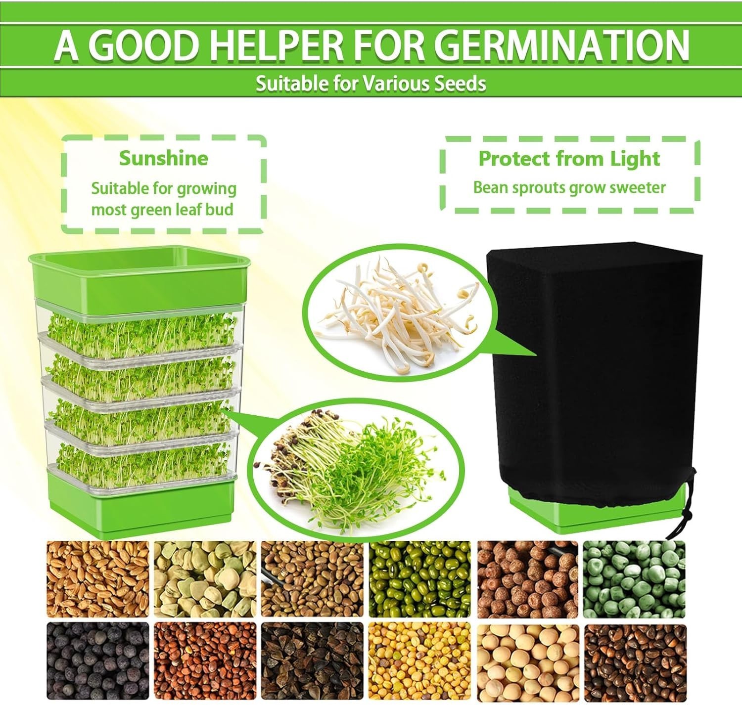 Upgrade Soil-Free Seed Sprouting Tray – Multi-Tier Organic Bean Sprouter Kit