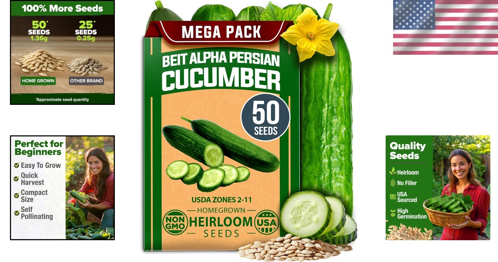 Fast-Growing Persian Cucumber Seeds – Indoor/Outdoor Gift for Plant Lovers – 50+