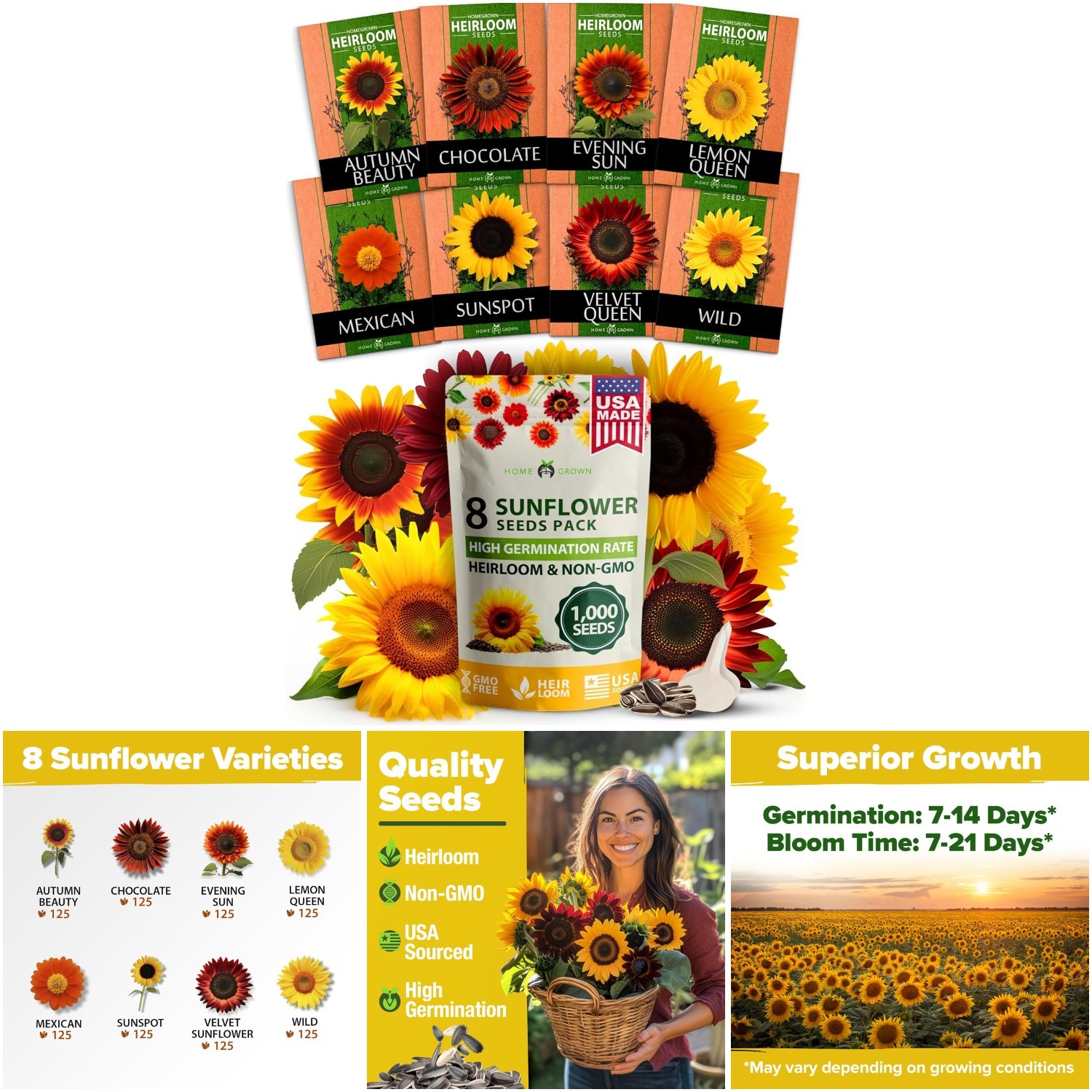 8 Varieties Non-GMO Sunflower Seeds Packets to Plant Dwarf Mexican Wild Lemon