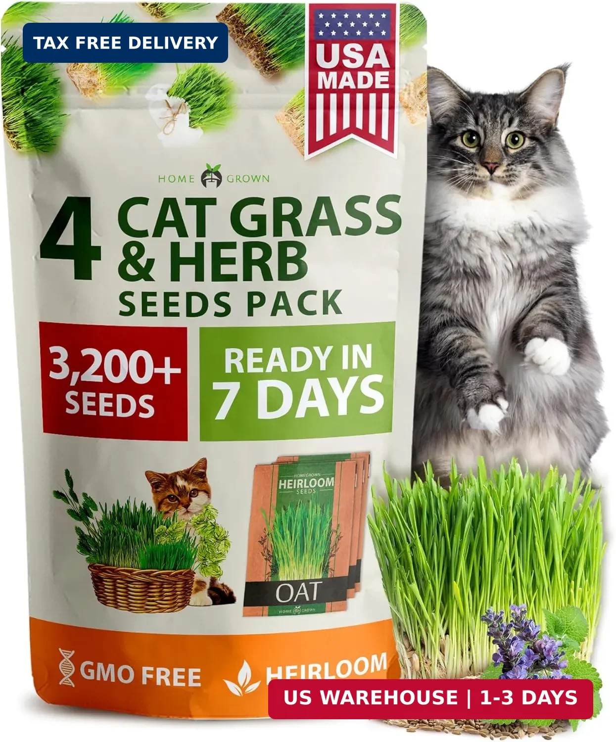 Home Grown 3200+ Indoor Cat Grass Refill – Non-GMO USA Grown Catnip, Oat & Alfal